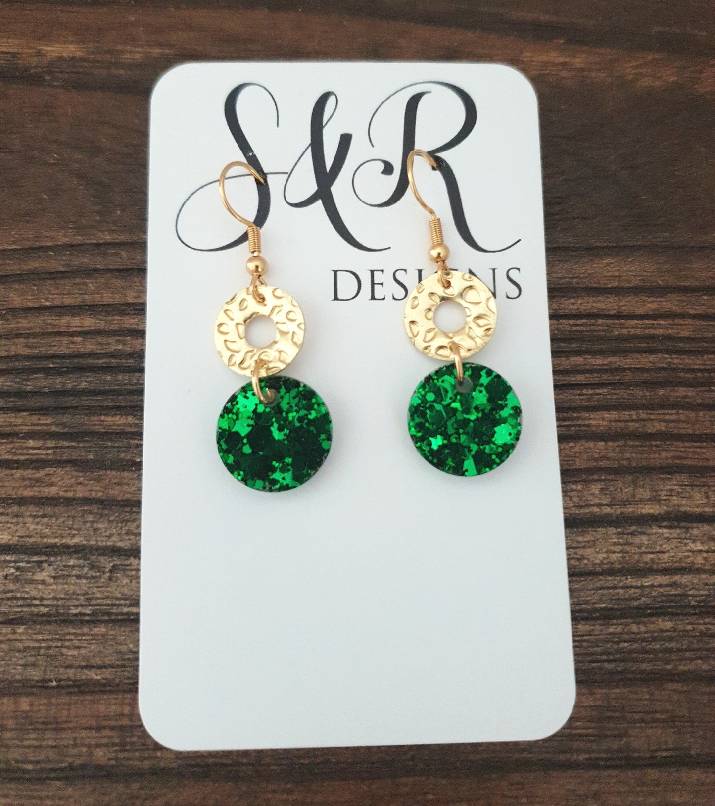 Gold Hammered Circle and Emerald Green Dangle Drop Earrings, Emerald Green Circle Glitter with Gold Stainless Steel, Statement Earrings