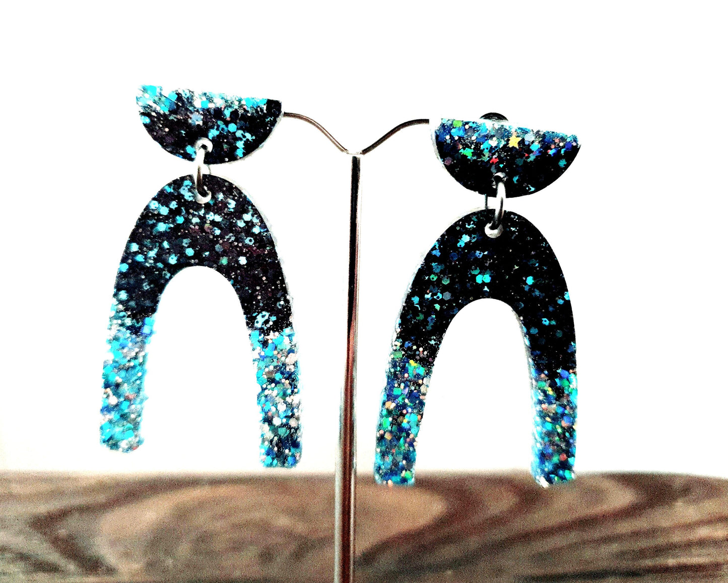 U Shape Dangle Earrings, Ice Blue Black Mix Glitter Earrings, Resin Dangle Earrings, Stainless Steel Earrings, Statement Earrings
