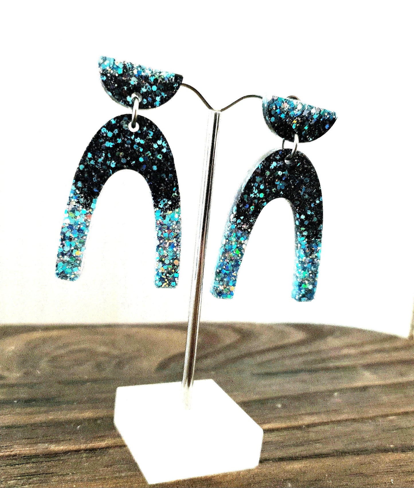 U Shape Resin Dangle Earrings: Ice Blue Black Glitter, Stainless Steel