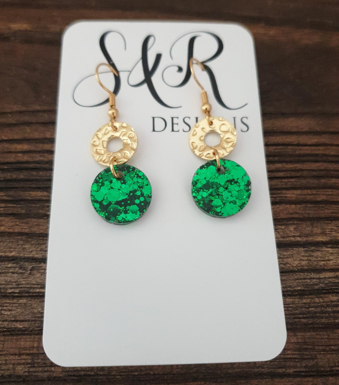Gold Hammered Circle and Emerald Green Dangle Drop Earrings, Emerald Green Circle Glitter with Gold Stainless Steel, Statement Earrings