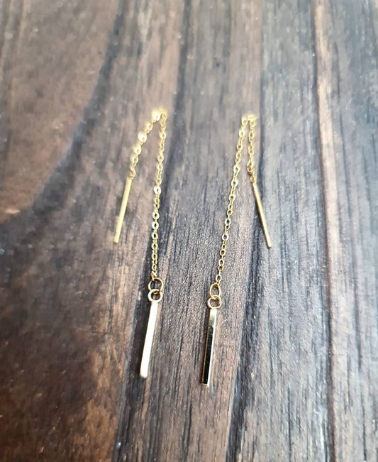 Gold Bar Threader Earrings, Stainless Steel Long Bar Dangles. Choose Silver or Gold