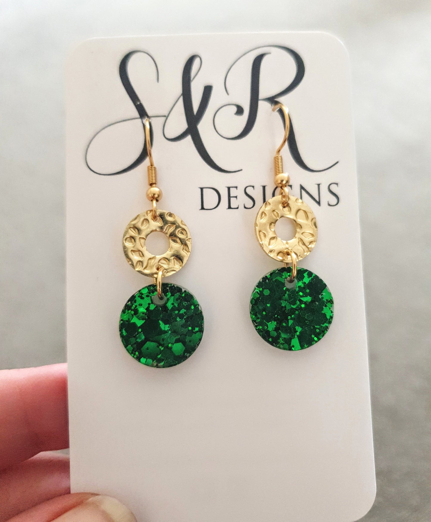 Gold Hammered Circle and Emerald Green Dangle Drop Earrings, Emerald Green Circle Glitter with Gold Stainless Steel, Statement Earrings