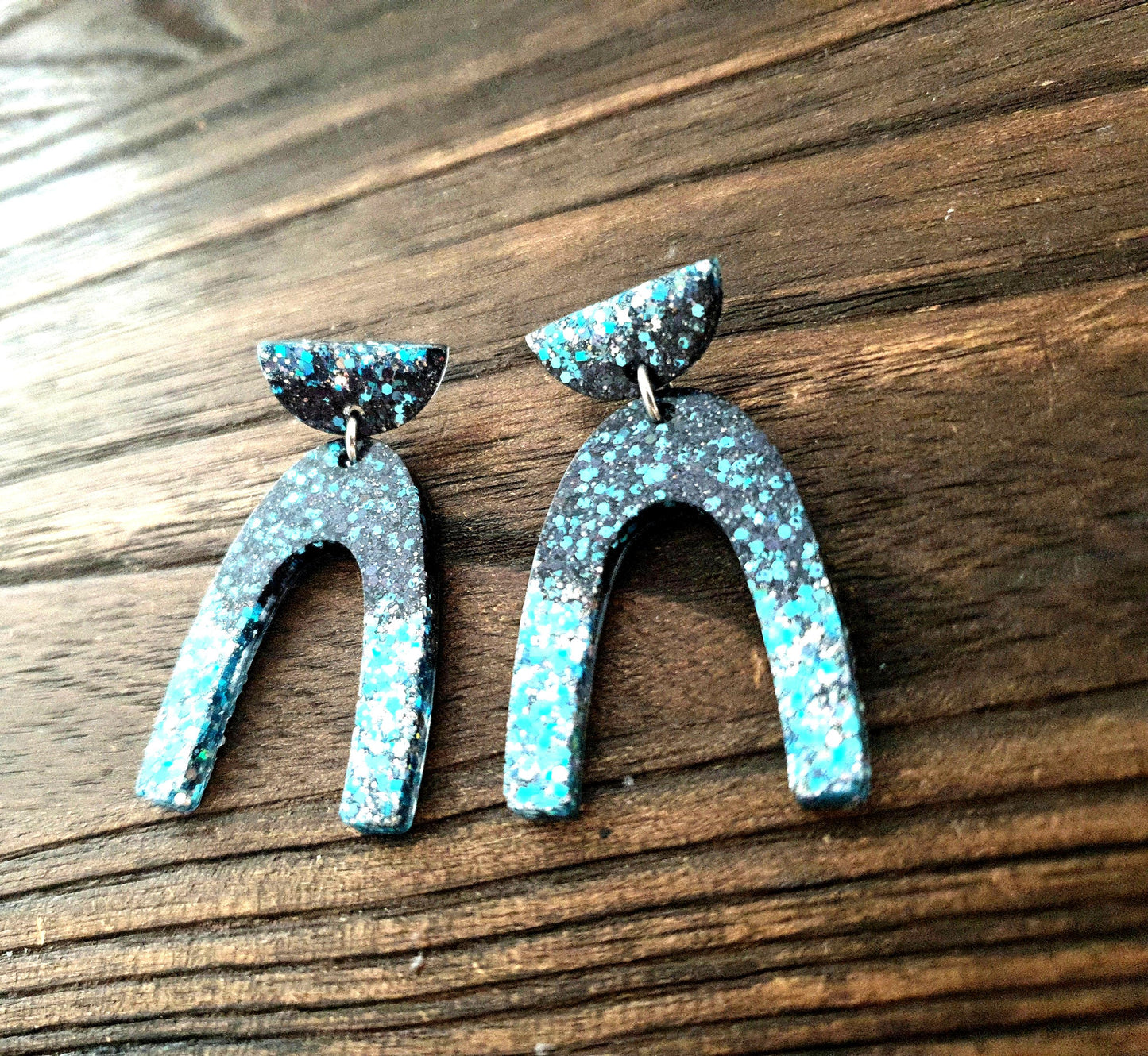 U Shape Resin Dangle Earrings: Ice Blue Black Glitter, Stainless Steel