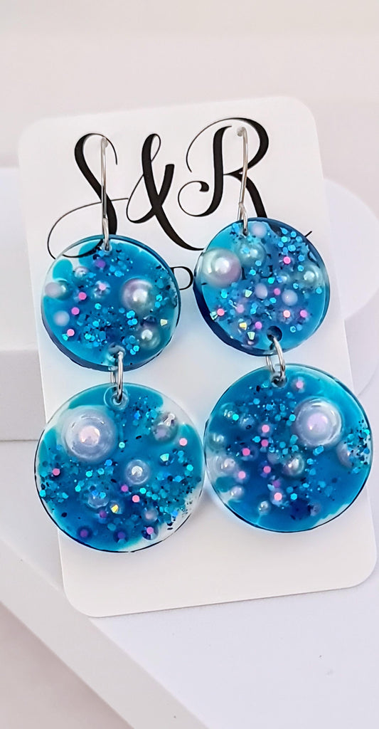 Ocean Dream Blue Resin Dangle Earrings, Handmade Dangle Earrings with Pearls & Crystals, Stainless Steel Hooks, Hypoallergenic Earrings