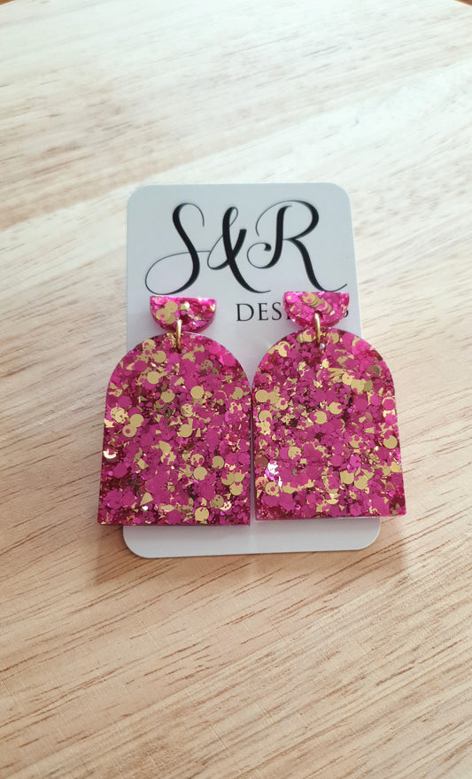Hot Pink and Gold Glitter Arch Earrings, Pink Gold mix Chunky Glitter Handmade Resin Dangles, Statement Earrings