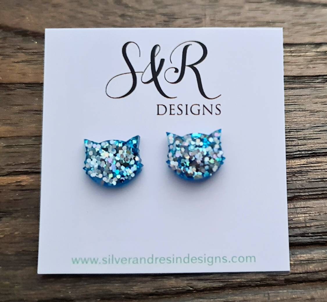 Cat Earrings, Cat Resin Stud Earrings, Blue Holographic Glitter Earrings, Cat Glitter Earrings made with Stainless Steel. Handmade Jewellery