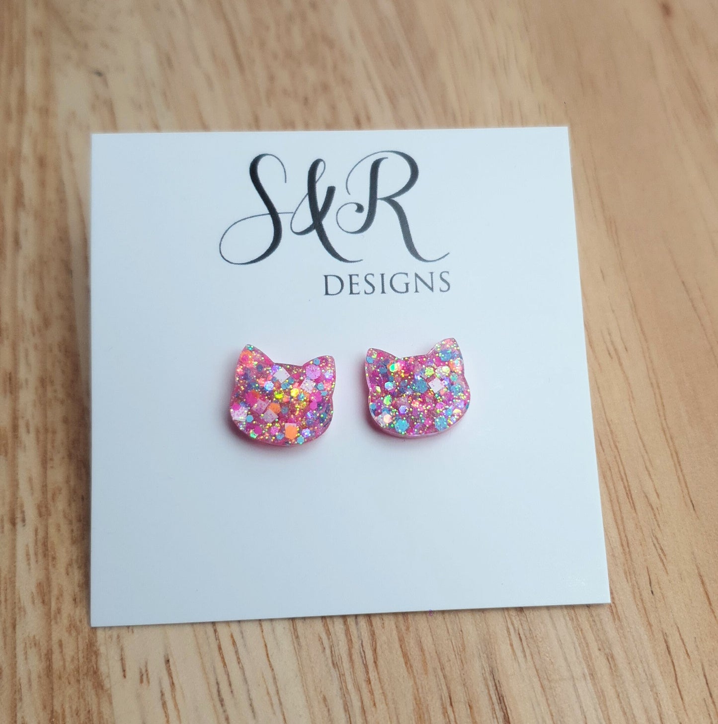 Lolly Pop Glitter Cat Earrings, Cat Resin Stud Earrings, Aqua Blue Orange White Pink Mix Earrings, Cat Earrings made with Stainless Steel.