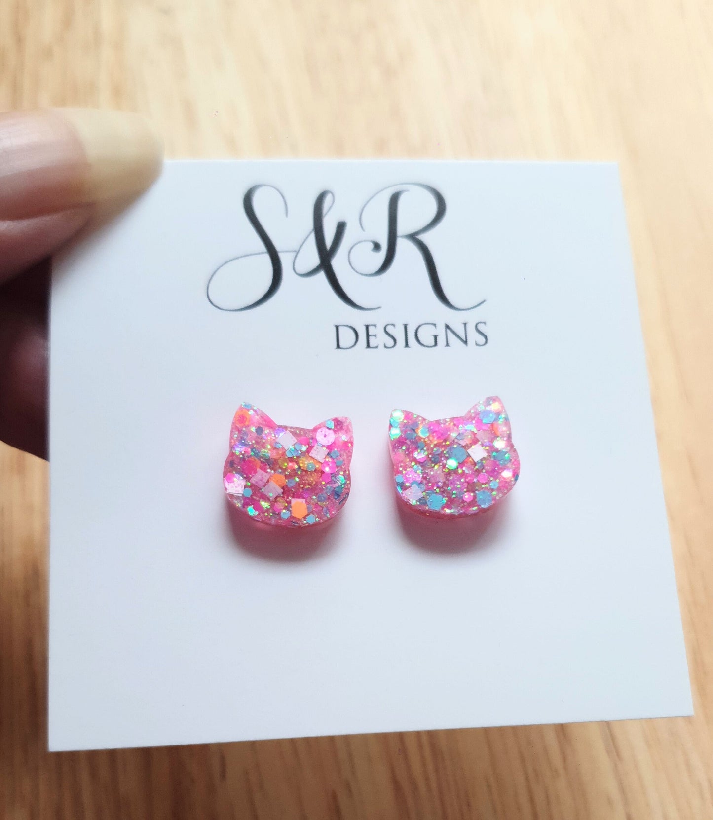 Lolly Pop Glitter Cat Earrings, Cat Resin Stud Earrings, Aqua Blue Orange White Pink Mix Earrings, Cat Earrings made with Stainless Steel.