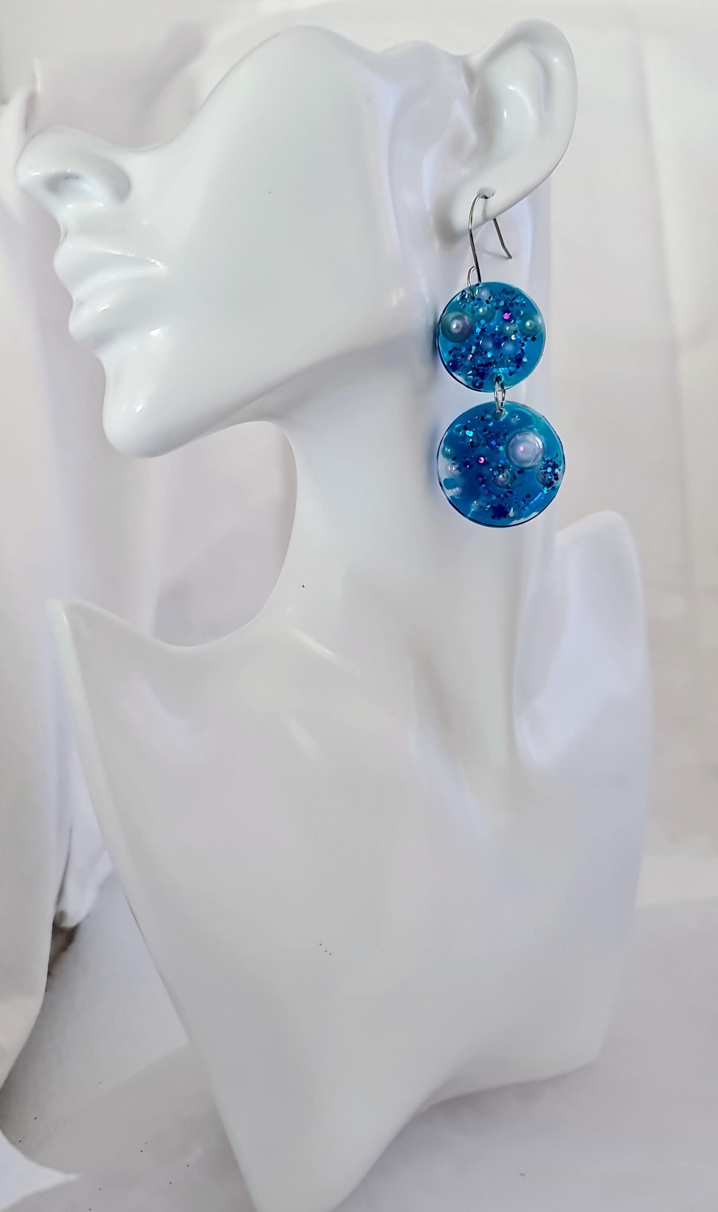 Ocean Dream Blue Resin Dangle Earrings, Handmade Dangle Earrings with Pearls & Crystals, Stainless Steel Hooks, Hypoallergenic Earrings