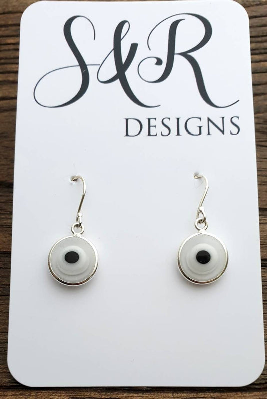 Evil Eye Drop Earrings, Sterling Silver White Evil Eye Dangle Earrings, Mati Dangle Earrings