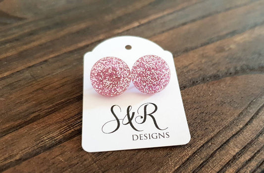 Pink Glitter Circle Stud Earrings, Acrylic Earrings, Stainless Steel Earrings.