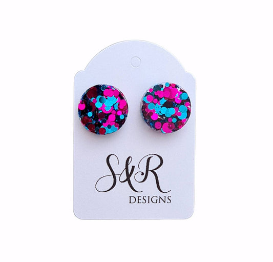 Circle Dot Resin Stud Earrings, Aqua Hot Pink Glitter Earrings. Stainless Steel Stud Earrings. 15mm, 12mm, 10mm, 8mm