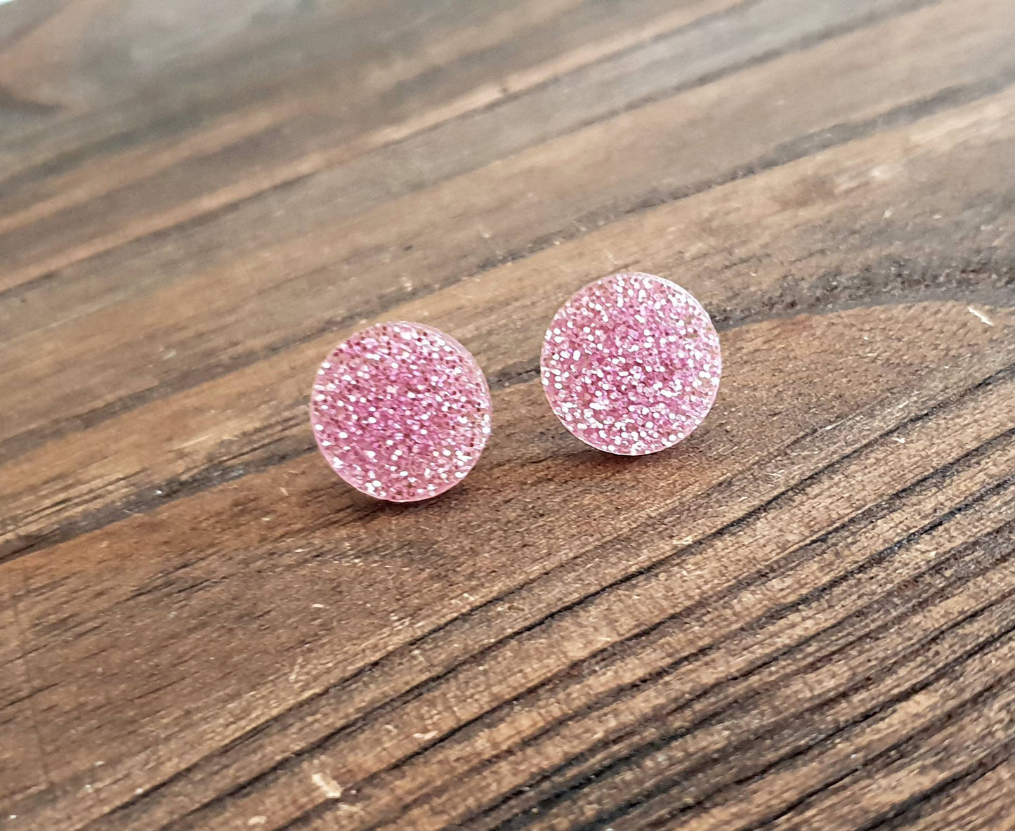 Pink Glitter Circle Stud Earrings, Acrylic Earrings, Stainless Steel Earrings.