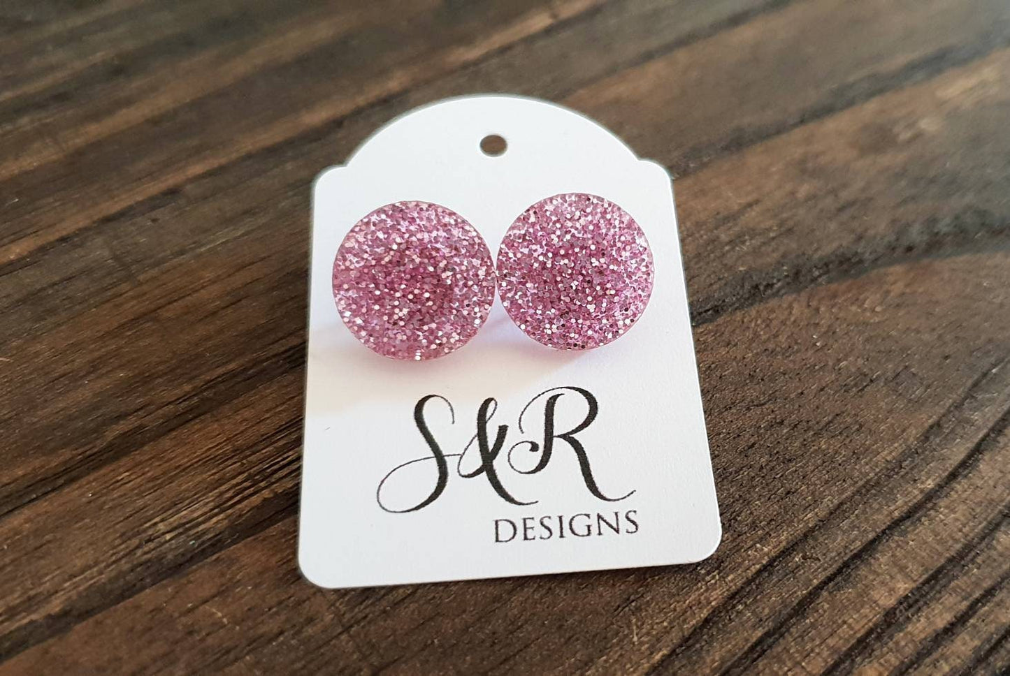 Pink Glitter Circle Stud Earrings, Acrylic Earrings, Stainless Steel Earrings.