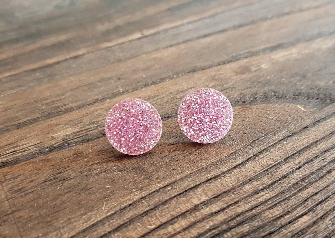 Pink Glitter Circle Stud Earrings, Acrylic Earrings, Stainless Steel Earrings.