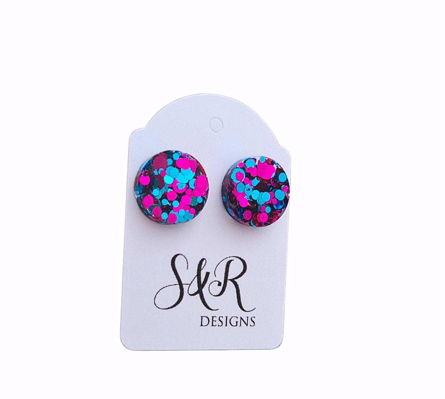 Circle Dot Resin Stud Earrings, Aqua Hot Pink Glitter Earrings. Stainless Steel Stud Earrings. 15mm, 12mm, 10mm, 8mm