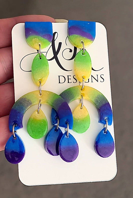 Large Oversized Multicoloured Chandelier Dangle Earrings, Blue, Purple, Green, Yellow Dangles, Statement Long Glitter Earrings