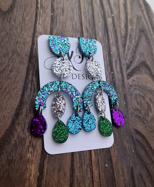 Large Oversized Multicoloured Chandelier Dangle Earrings, Purple, Blue, Green, Silver Glitter Dangles, Statement Long Glitter Earrings