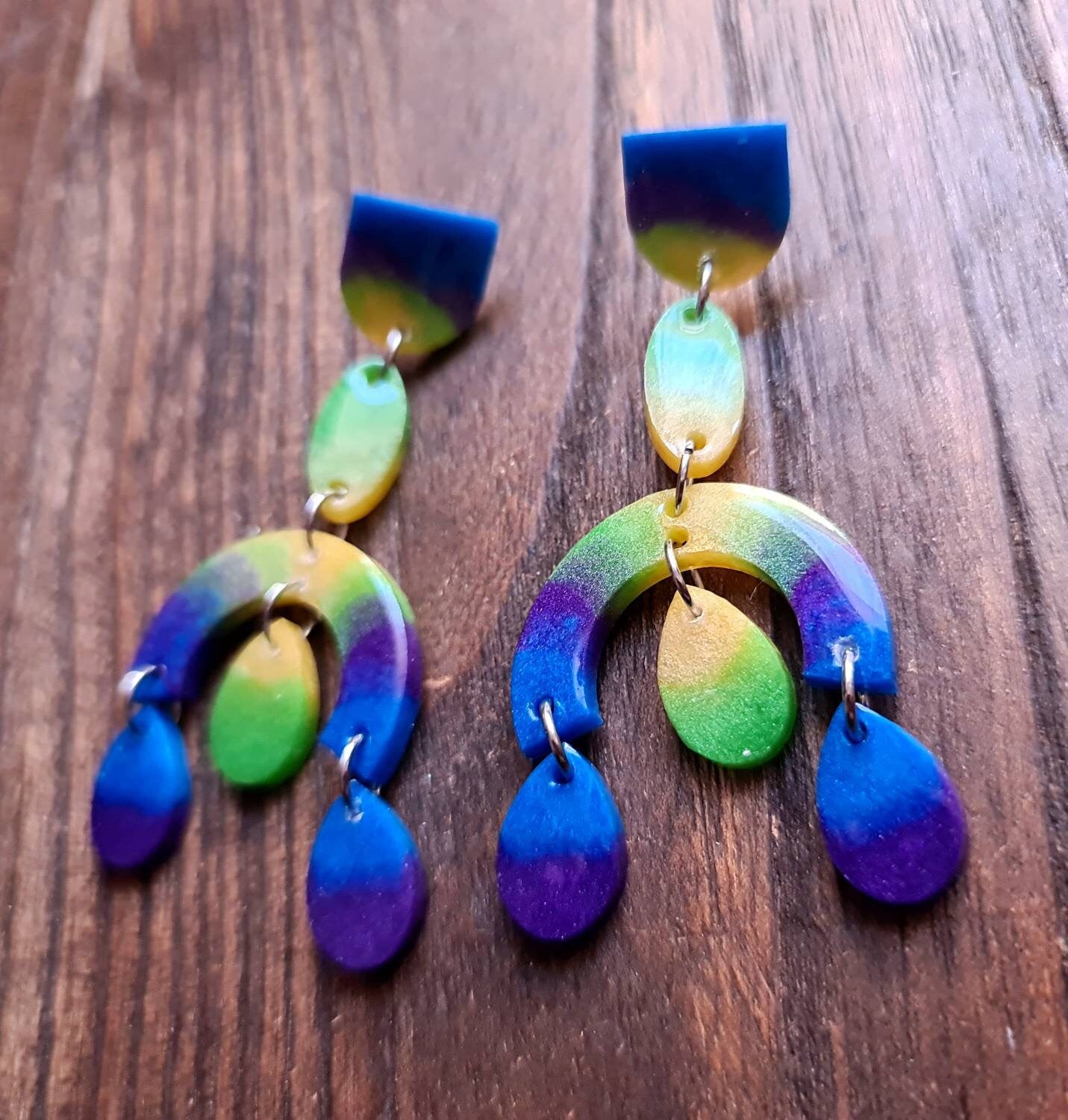 Large Oversized Multicoloured Chandelier Dangle Earrings, Blue, Purple, Green, Yellow Dangles, Statement Long Glitter Earrings