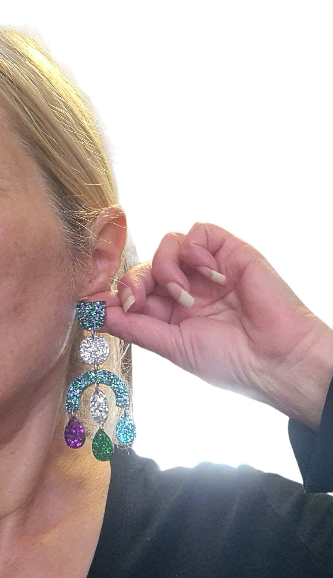 Large Oversized Multicoloured Chandelier Dangle Earrings, Purple, Blue, Green, Silver Glitter Dangles, Statement Long Glitter Earrings