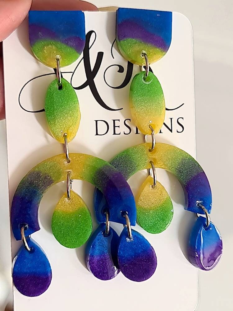 Large Oversized Multicoloured Chandelier Dangle Earrings, Blue, Purple, Green, Yellow Dangles, Statement Long Glitter Earrings