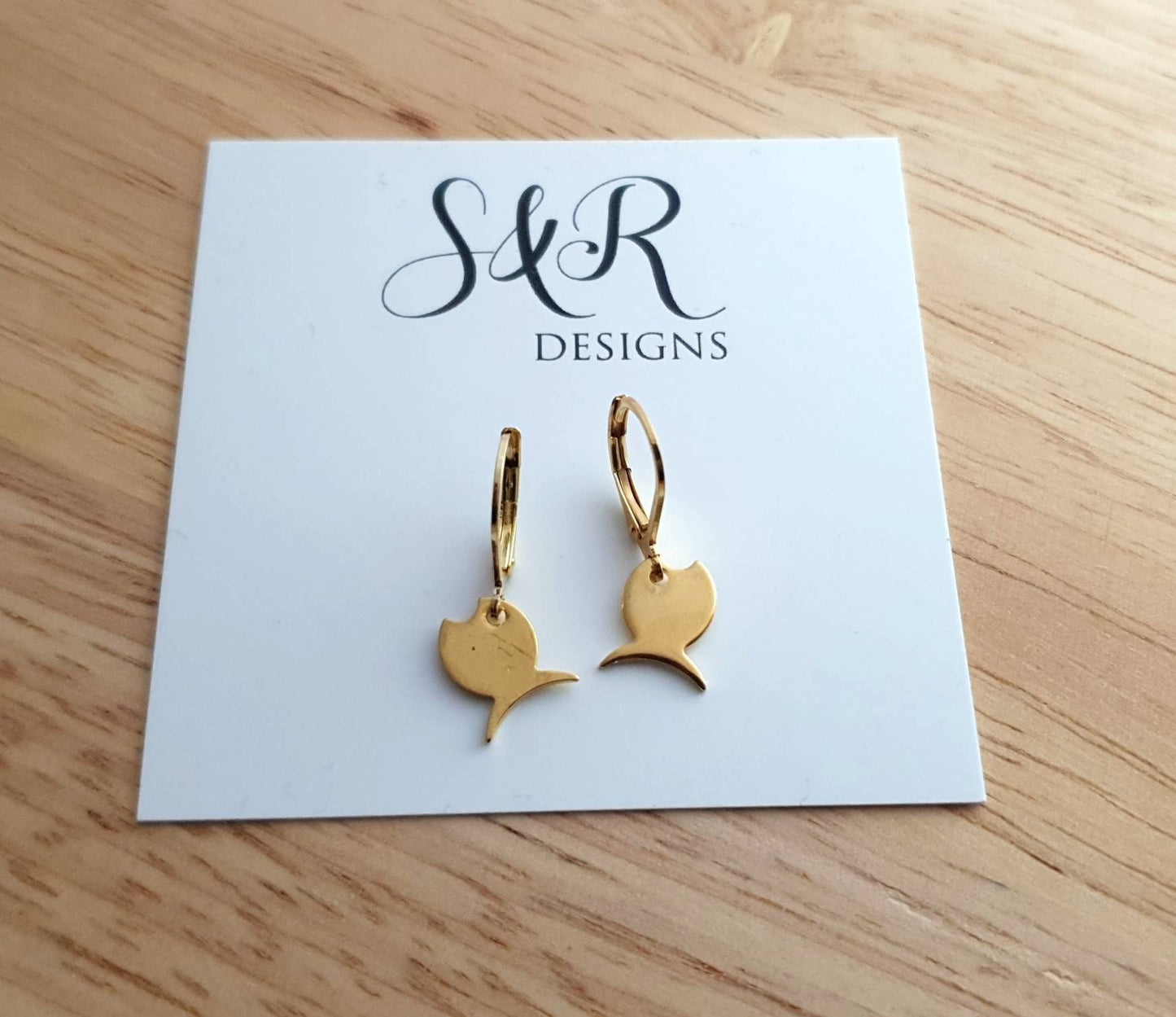 Gold Fish Drop Earrings, Minimalist Dangles, Stainless Steel Leverback, Lightweight Jewellery Hypoallergenic