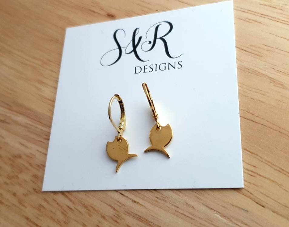 Gold Fish Drop Earrings, Minimalist Dangles, Stainless Steel Leverback, Lightweight Jewellery Hypoallergenic