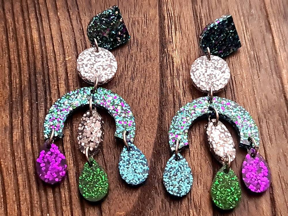 Large Oversized Multicoloured Chandelier Dangle Earrings, Purple, Blue, Green, Silver Glitter Dangles, Statement Long Glitter Earrings