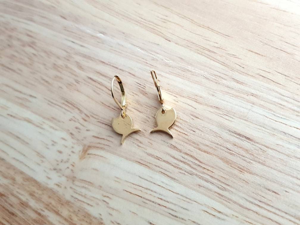 Gold Fish Drop Earrings, Minimalist Dangles, Stainless Steel Leverback, Lightweight Jewellery Hypoallergenic