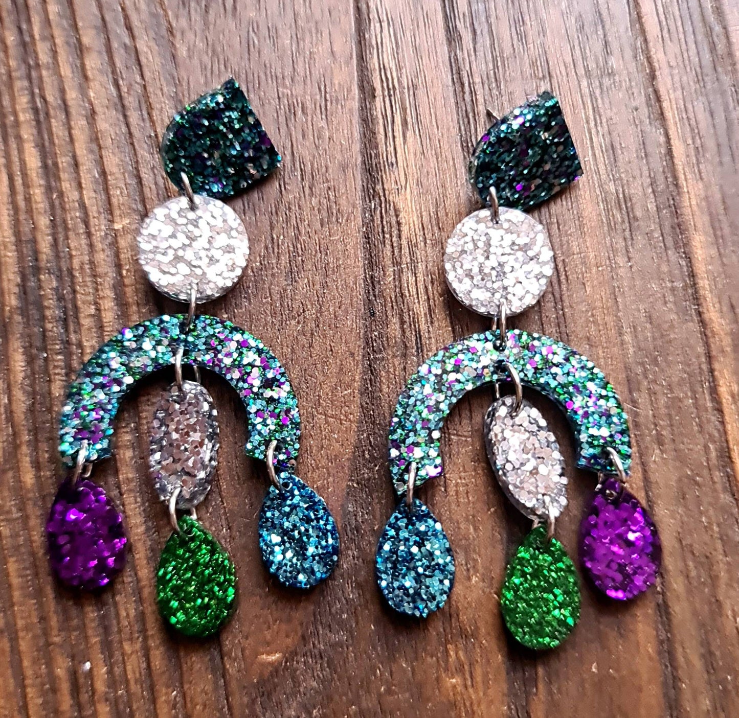 Large Oversized Multicoloured Chandelier Dangle Earrings, Purple, Blue, Green, Silver Glitter Dangles, Statement Long Glitter Earrings