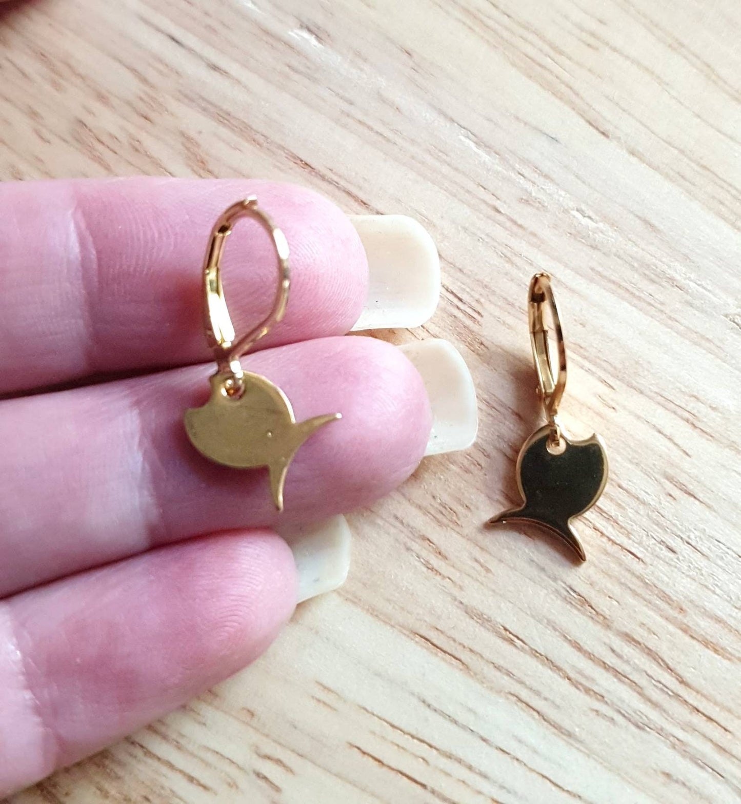 Gold Fish Drop Earrings, Minimalist Dangles, Gold Stainless Steel Dangle Leverback, Hoop or Earwire Hook Earrings.
