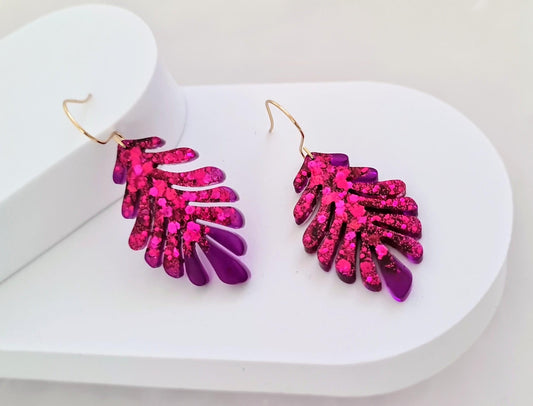 Hot Pink and Transparent Purple Leaves Gold Dangle Earrings, Handmade Glitter Resin Leaf Earrings, Bold Statement Jewellery Handmade, Gift