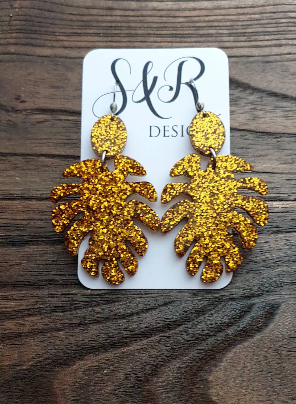Large Monstera Leaf Long Dangle Earrings, Gold Glitter Resin Dangle Statement Earrings, Choose Silver or Gold Hooks