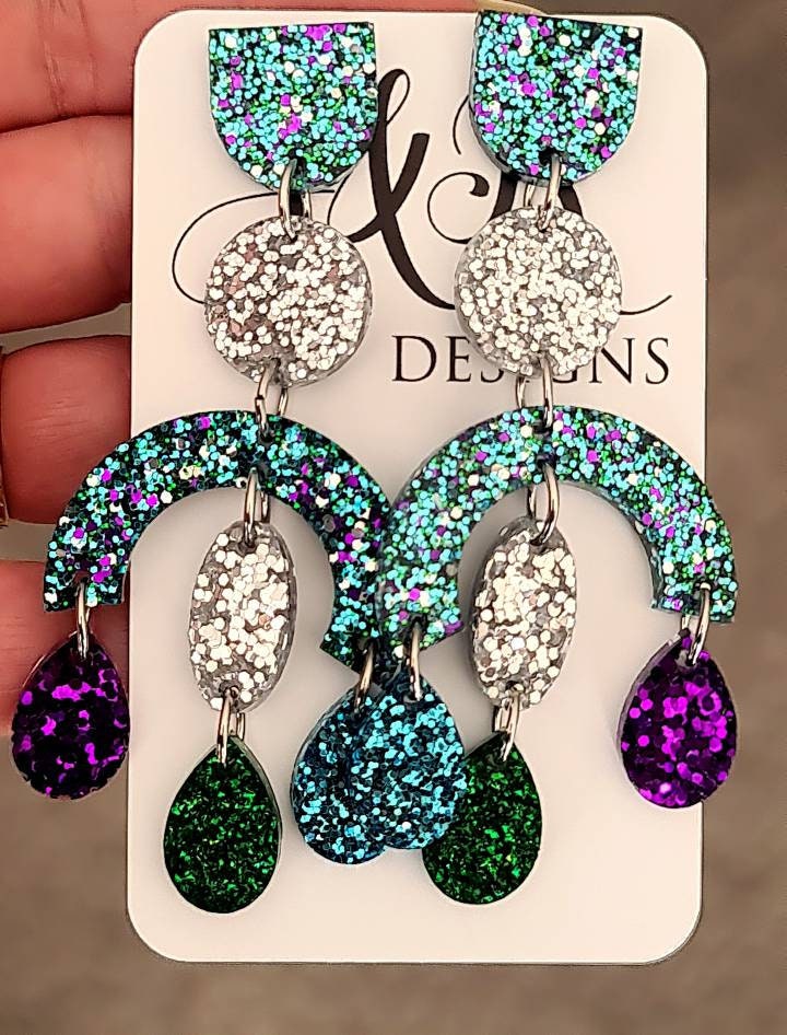 Large Oversized Multicoloured Chandelier Dangle Earrings, Purple, Blue, Green, Silver Glitter Dangles, Statement Long Glitter Earrings