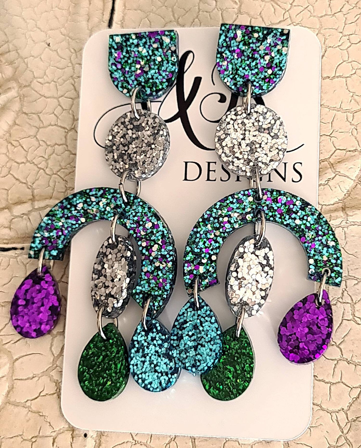 Large Oversized Multicoloured Chandelier Dangle Earrings, Purple, Blue, Green, Silver Glitter Dangles, Statement Long Glitter Earrings
