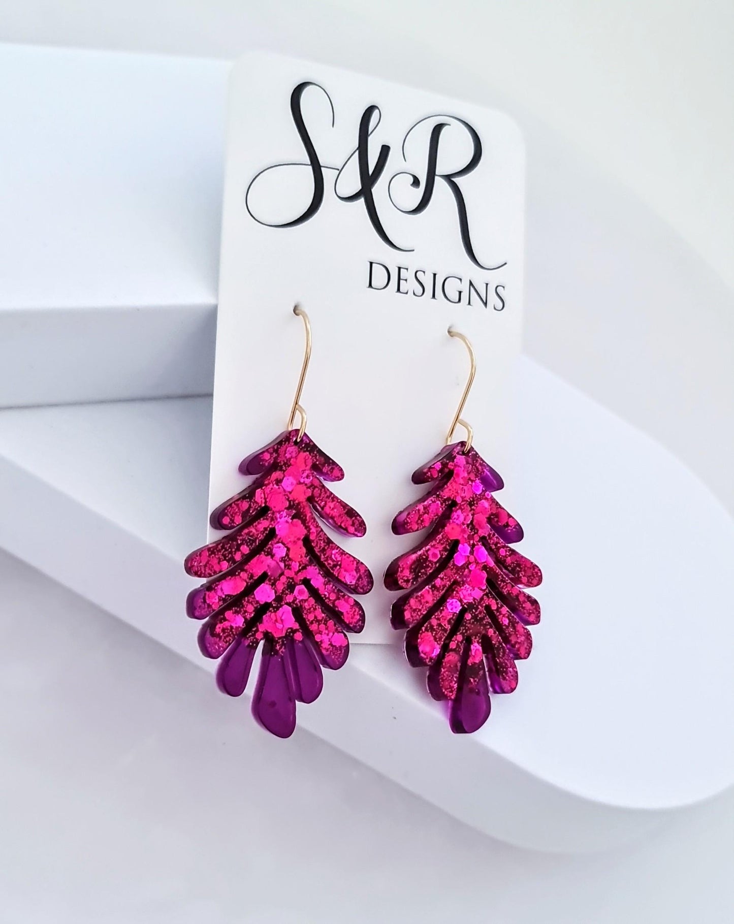 Hot Pink and Transparent Purple Leaves Gold Dangle Earrings, Handmade Glitter Resin Leaf Earrings, Bold Statement Jewellery Handmade, Gift