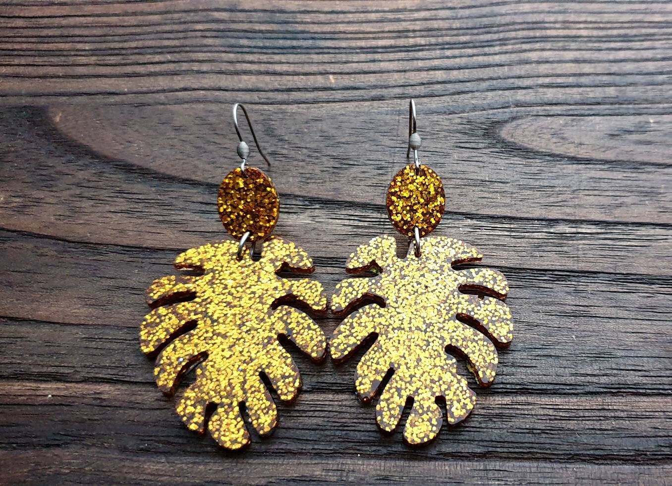 Large Monstera Leaf Long Dangle Earrings, Gold Glitter Resin Dangle Statement Earrings, Choose Silver or Gold Hooks