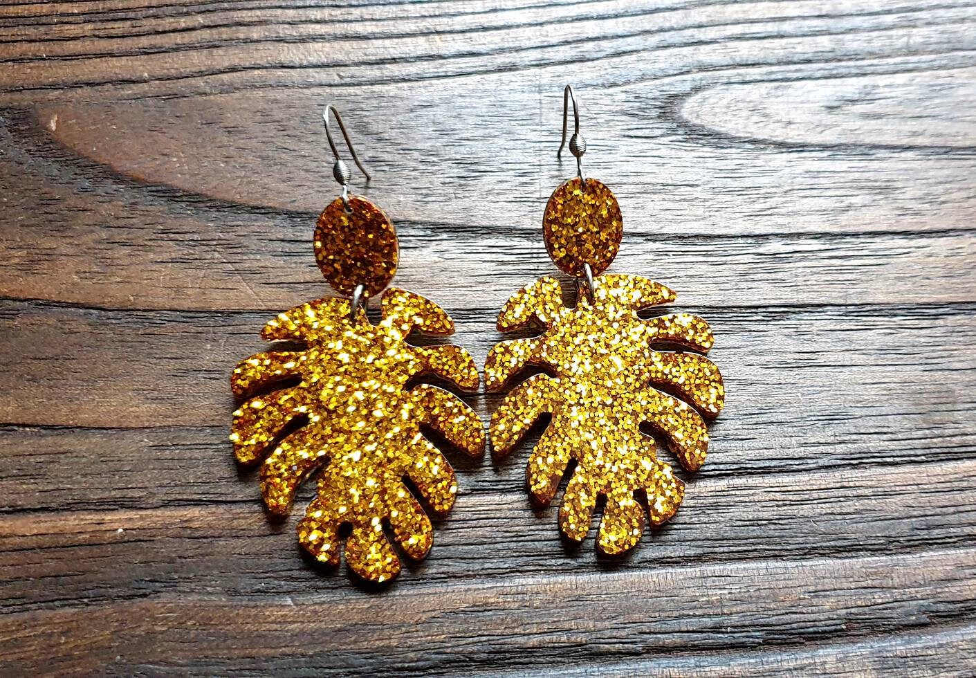 Large Monstera Leaf Long Dangle Earrings, Gold Glitter Resin Dangle Statement Earrings, Choose Silver or Gold Hooks