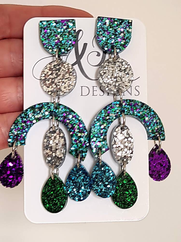 Large Oversized Multicoloured Chandelier Dangle Earrings, Purple, Blue, Green, Silver Glitter Dangles, Statement Long Glitter Earrings