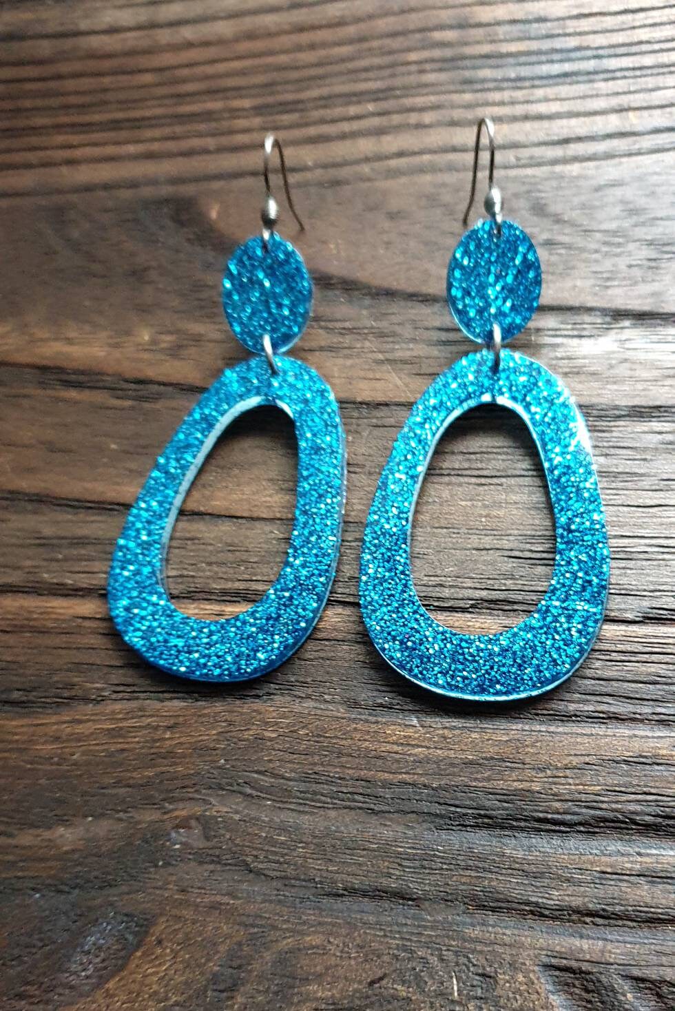 Large Teardrop Long Dangle Earrings, Teal Glitter Resin Dangle Statement Earrings