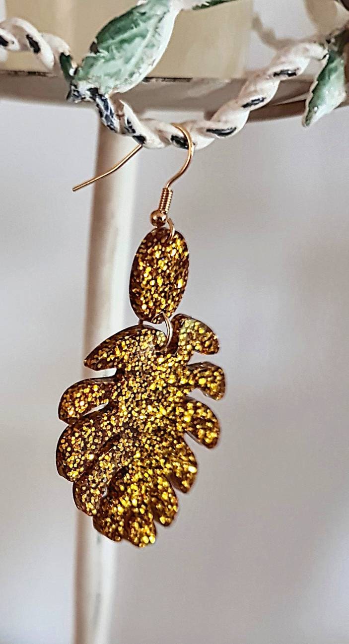 Large Monstera Leaf Long Dangle Earrings, Gold Glitter Resin Dangle Statement Earrings, Choose Silver or Gold Hooks