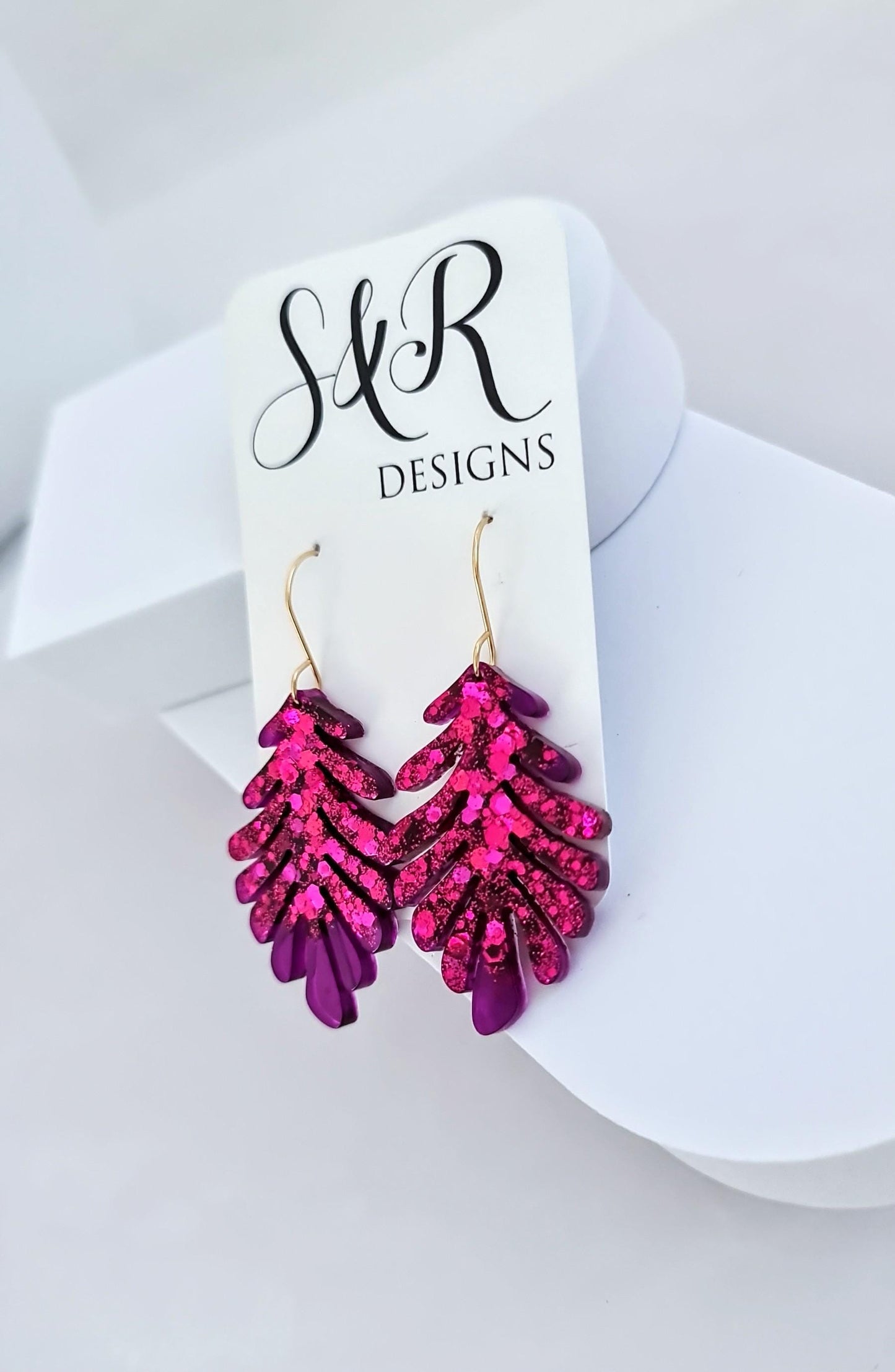 Hot Pink and Transparent Purple Leaves Gold Dangle Earrings, Handmade Glitter Resin Leaf Earrings, Bold Statement Jewellery Handmade, Gift