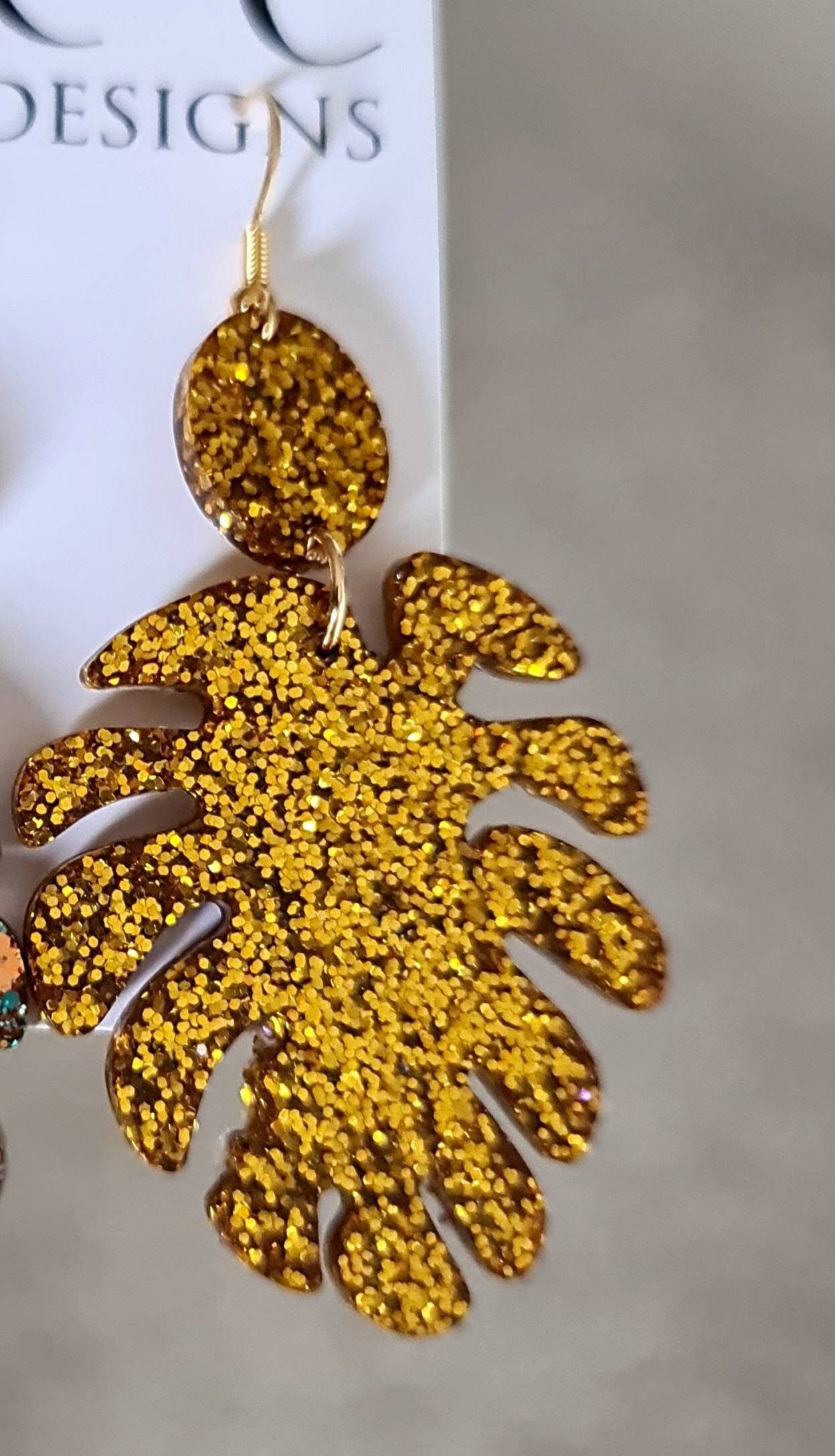 Large Monstera Leaf Long Dangle Earrings, Gold Glitter Resin Dangle Statement Earrings, Choose Silver or Gold Hooks