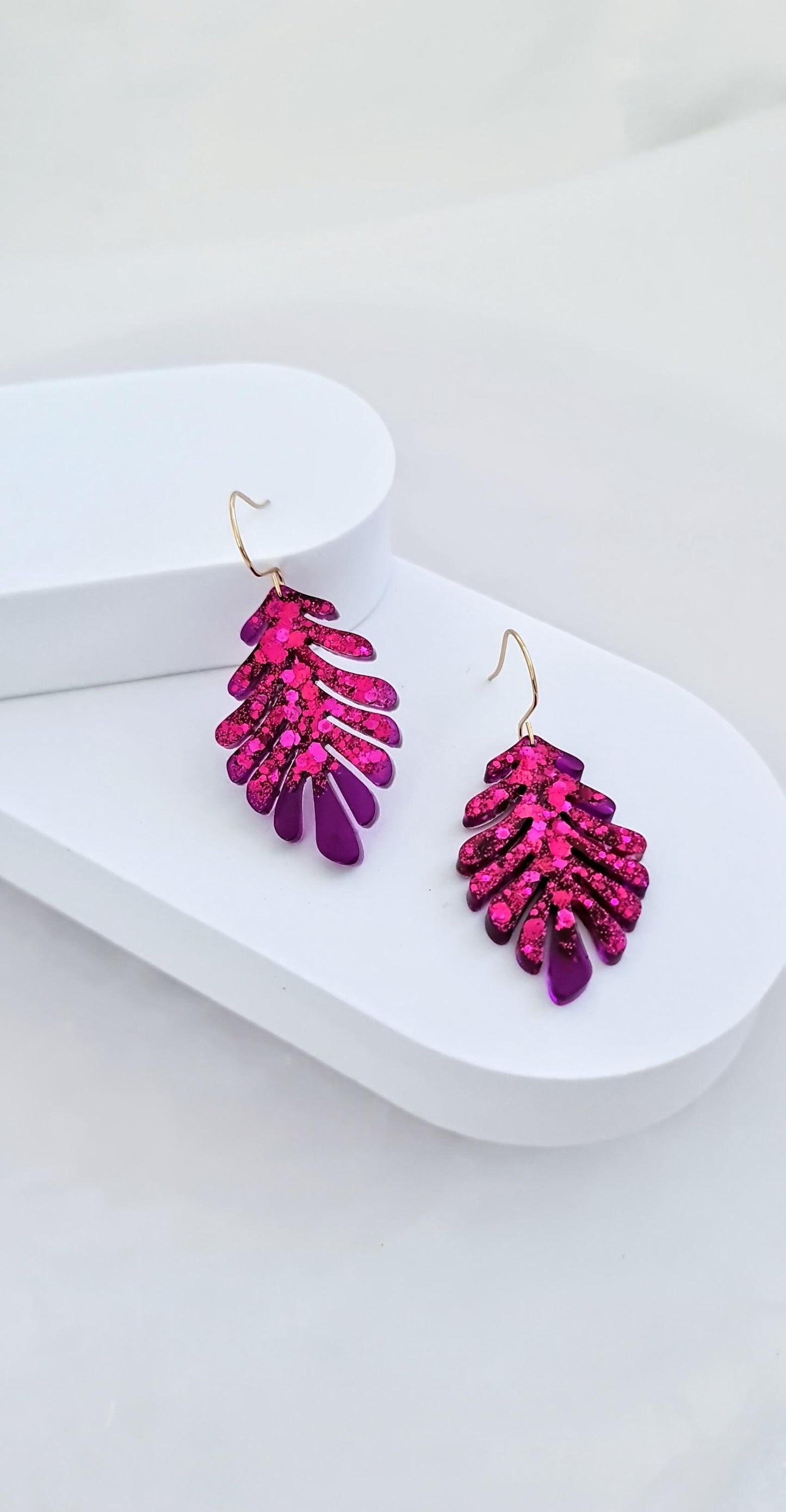 Hot Pink and Transparent Purple Leaves Gold Dangle Earrings, Handmade Glitter Resin Leaf Earrings, Bold Statement Jewellery Handmade, Gift