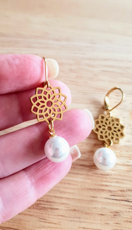 Gold Flower with Faux Pearl Leverback Earrings, Stainless Steel Statement Dangle Drop Minimalist Earrings. Pearl Drops.
