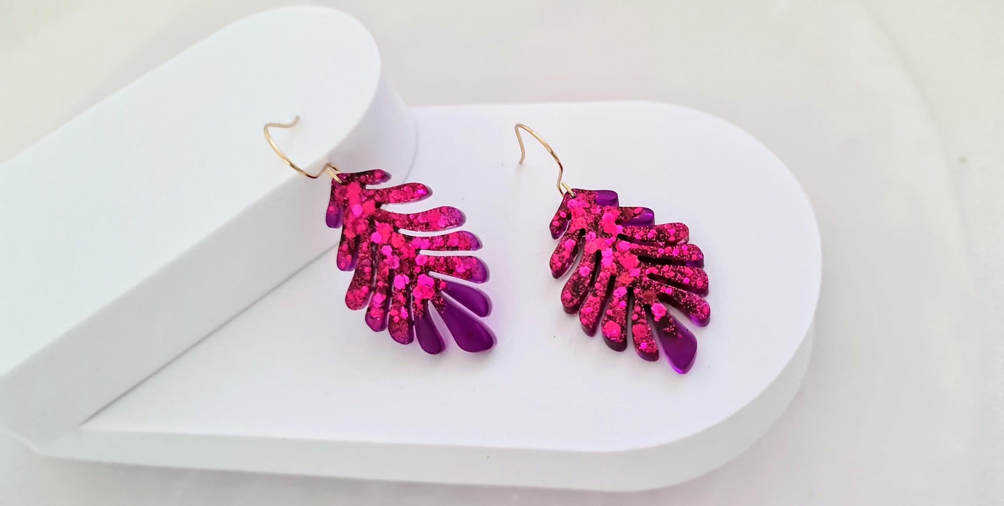 Hot Pink and Transparent Purple Leaves Gold Dangle Earrings, Handmade Glitter Resin Leaf Earrings, Bold Statement Jewellery Handmade, Gift