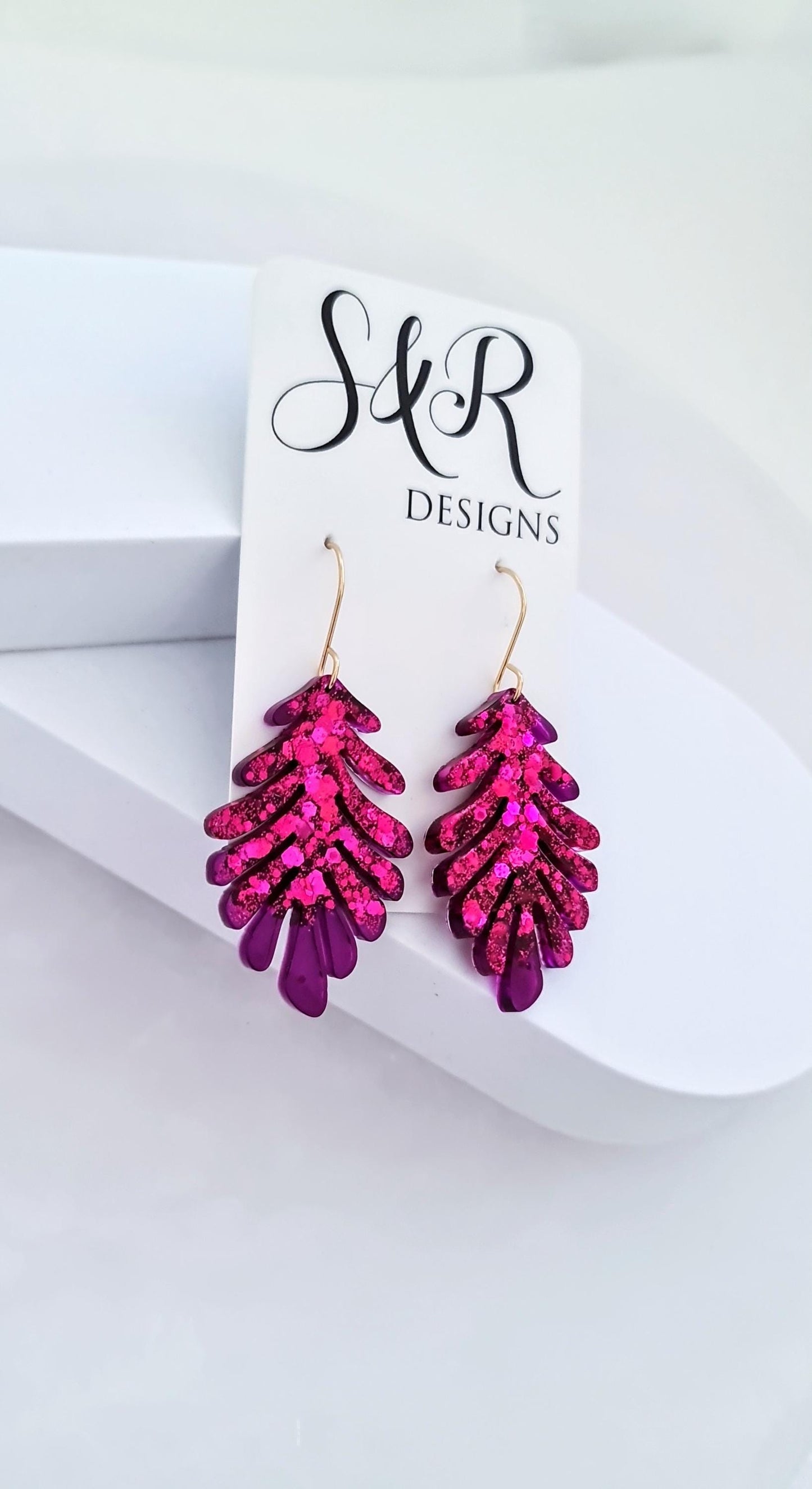Hot Pink and Transparent Purple Leaves Gold Dangle Earrings, Handmade Glitter Resin Leaf Earrings, Bold Statement Jewellery Handmade, Gift