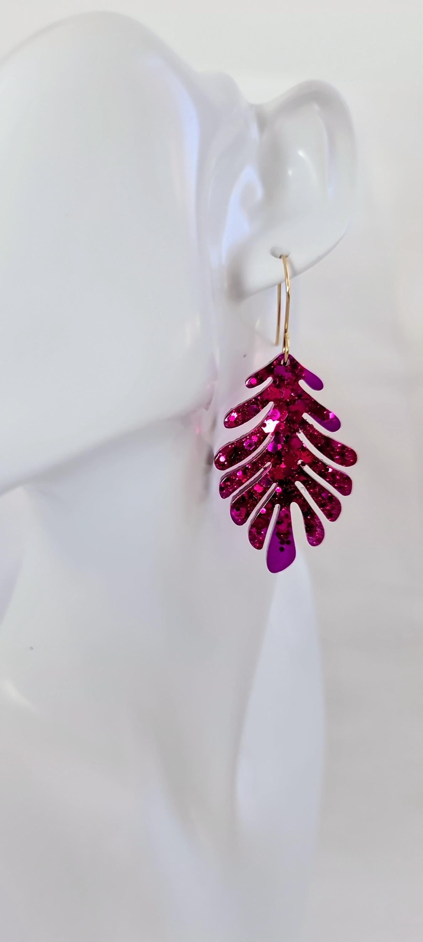 Hot Pink and Transparent Purple Leaves Gold Dangle Earrings, Handmade Glitter Resin Leaf Earrings, Bold Statement Jewellery Handmade, Gift