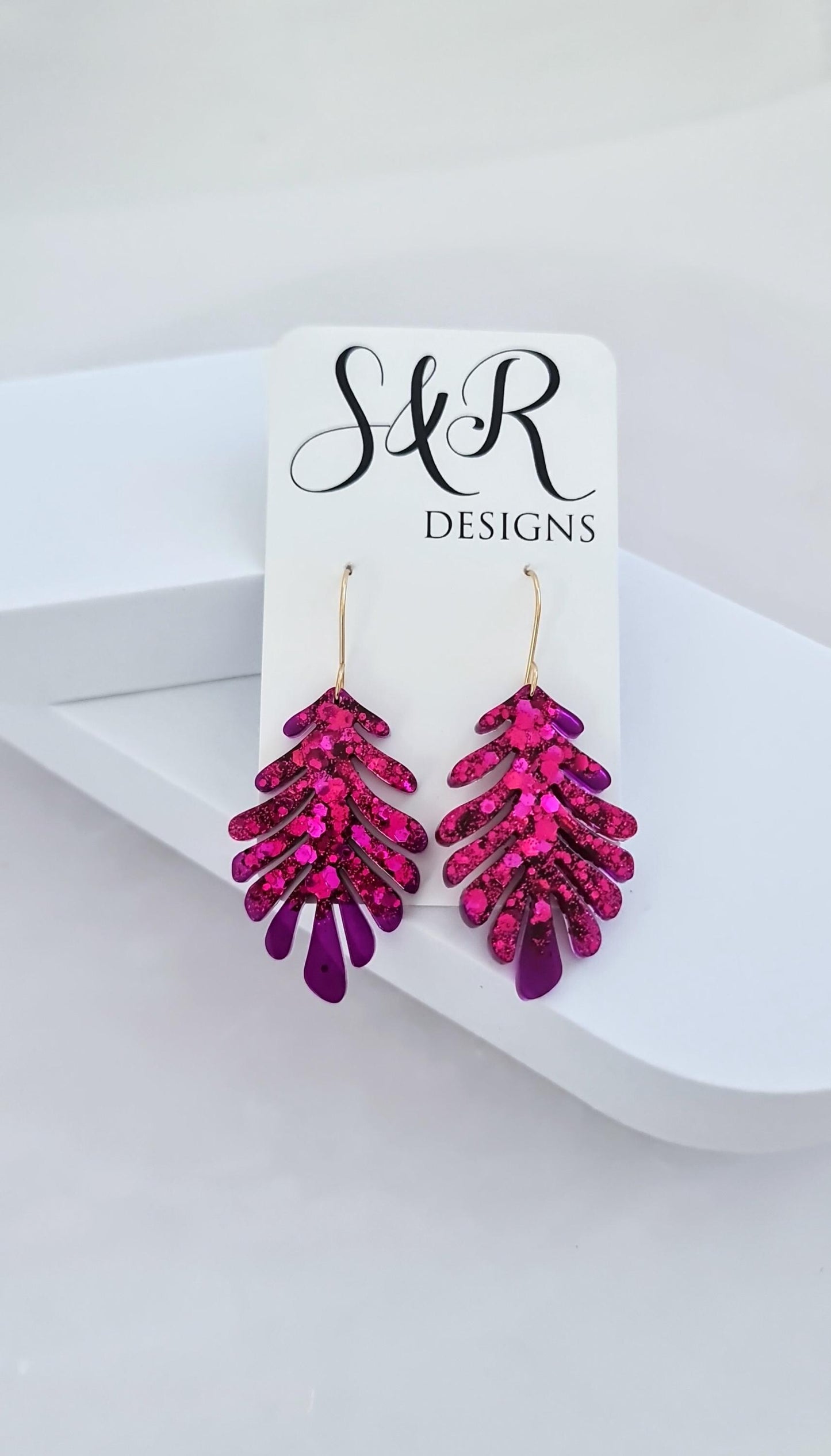 Hot Pink and Transparent Purple Leaves Gold Dangle Earrings, Handmade Glitter Resin Leaf Earrings, Bold Statement Jewellery Handmade, Gift