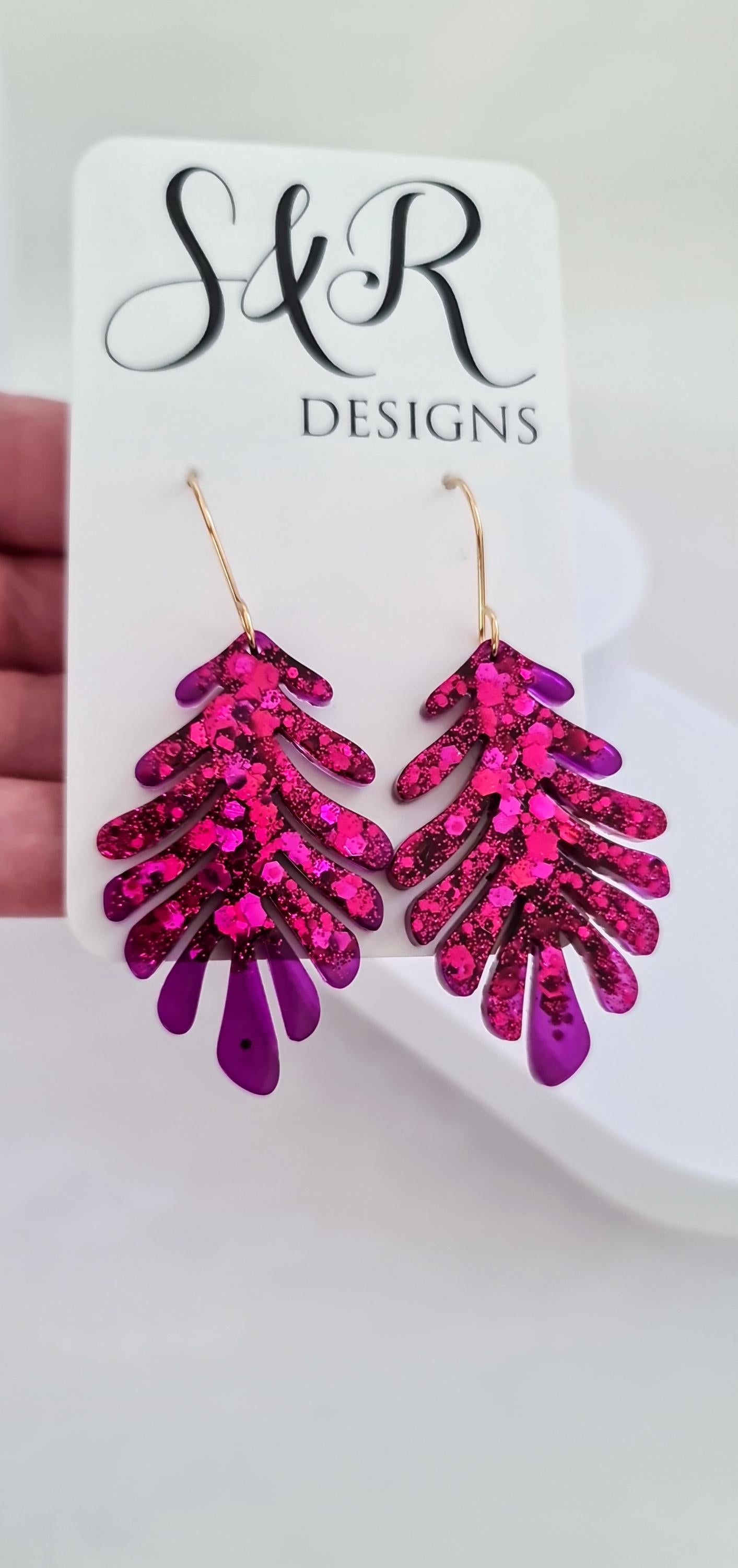 Hot Pink and Transparent Purple Leaves Gold Dangle Earrings, Handmade Glitter Resin Leaf Earrings, Bold Statement Jewellery Handmade, Gift